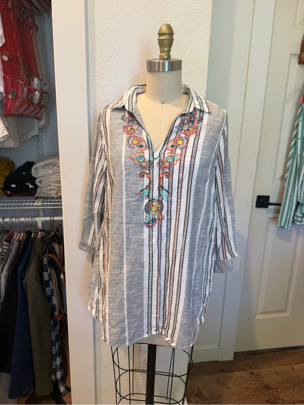 AFF Gray & White Striped Tunic with Colorful Floral Embroidery